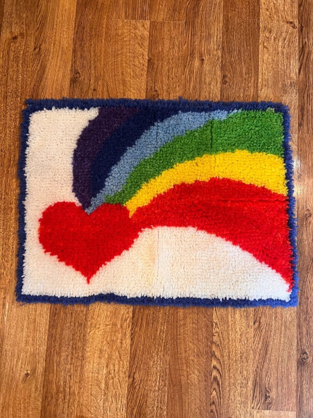 Rainbow Heart 1980s Latch Hook Rug Handmade Rectangular 24x16" Multicolor Vintag
